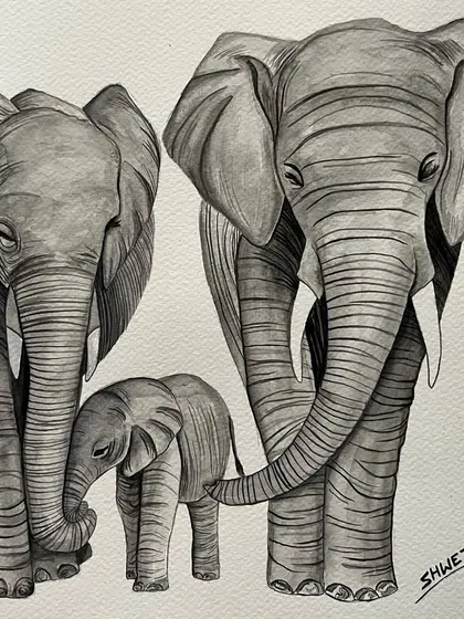 This watercolor painting of an elephant family shows my love for nature. I use monochrome tones to create a sense of togetherness and emotion, focusing on the detailed textures and bonds between the animals.