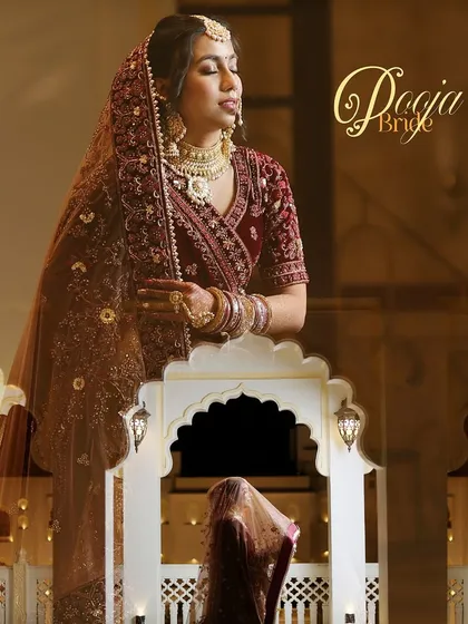 A majestic double-exposure portrait of the bride, blending a close-up with a full shot against the palace architecture.
