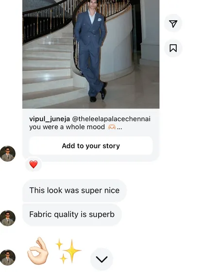 Our greatest pride is our clients' satisfaction. This feedback on a custom suit highlights the superb fabric quality and the overall look we strive to achieve. We are dedicated to creating pieces that you not only love but feel confident wearing.