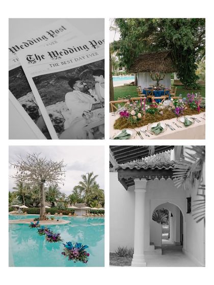 A collage of details from the Mehendi event in Kenya. From the custom "Wedding Post" newspaper to the beautiful floral decor, these shots showcase the thoughtful planning of the celebration.