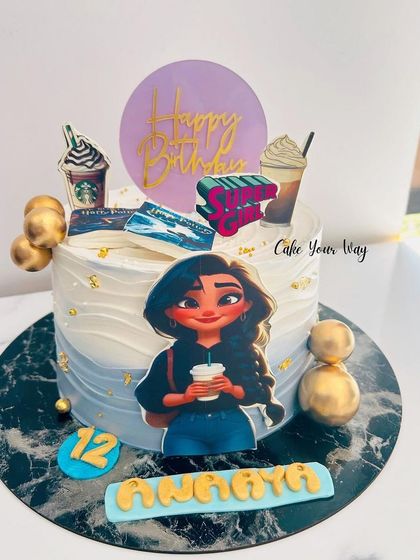 A custom cake for a super girl who loves her coffee and shopping.