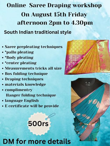 My online workshops cover all the essentials, including pallu, body, and center pleating, plus a complimentary hanger folding technique.