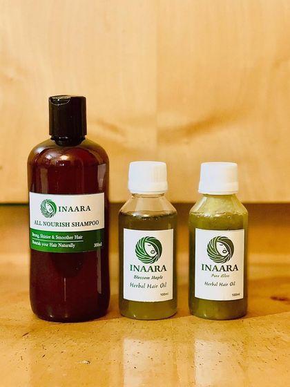 The perfect trio for a complete hair care routine: my All Nourish Shampoo, Blossom Maple oil, and Pure Bliss oil. It's time to put an end to chemical-infused products and go herbal.