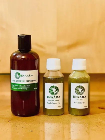 The perfect trio for a complete hair care routine: my All Nourish Shampoo, Blossom Maple oil, and Pure Bliss oil. It's time to put an end to chemical-infused products and go herbal.