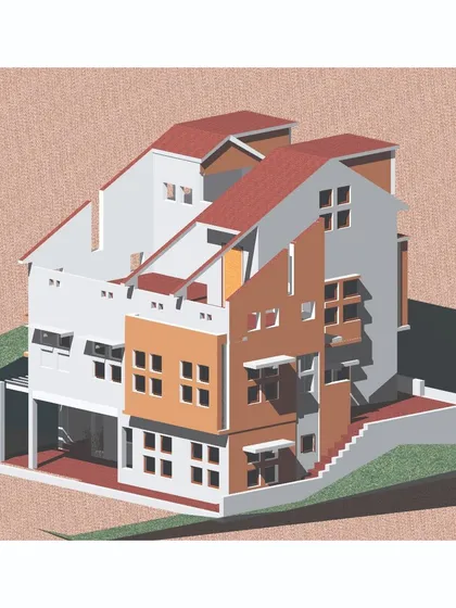 A 3D model of 'Nachiar Illam', translating the initial sketches into a digital form to study its massing, shadows, and material application.