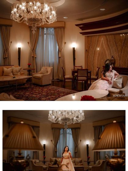 A collage showing a bride posing in a grand ballroom at The Leela Palace, highlighting the luxurious ambiance of the venue.
