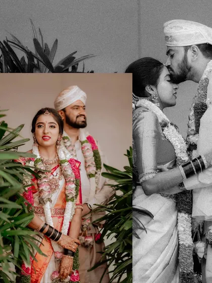 A creative edit showing the couple's portraits, blending a colour photo with a black and white one to create a timeless feel.