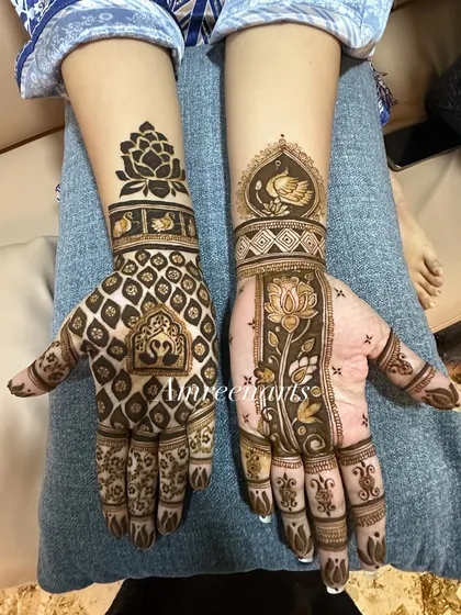A beautiful example of asymmetrical design, with a modern geometric pattern on one hand and a classic floral and swan motif on the other.