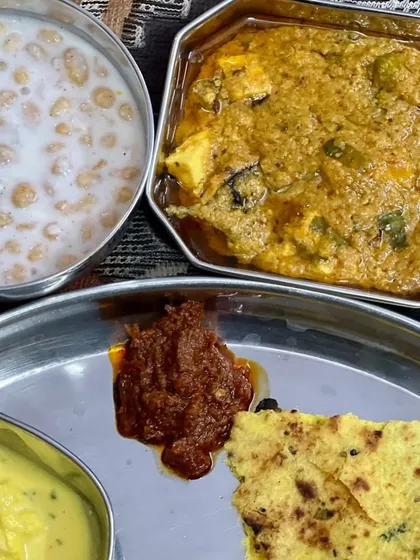 A close-up of the curries in our thali, including a rich paneer dish and boondi raita.