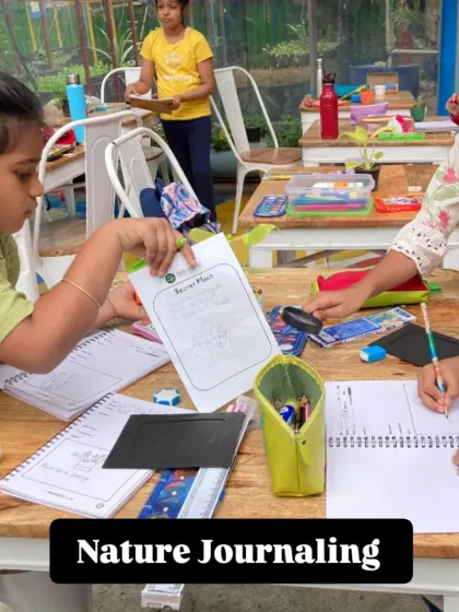 Children deeply focused on their nature journaling, sketching and writing about their discoveries. This is a wonderful mindfulness practice for all ages.