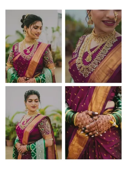 A collage showcasing the details of a Maharashtrian bride, from her intricate gold jewellery and henna-adorned hands to her elegant Paithani saree.