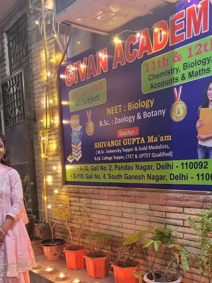 Shivangi Ma'am outside the academy during our Diwali celebrations. Our center is located in the heart of Pandav Nagar, serving students with quality education in a festive and community-oriented environment.
