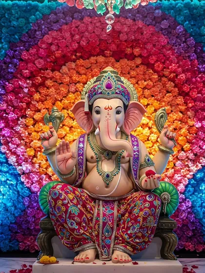 Celebrate with a burst of color. This Ganpati mandap showcases a spectacular rainbow arch made of densely packed roses, creating an incredibly vibrant and joyous backdrop for Bappa.