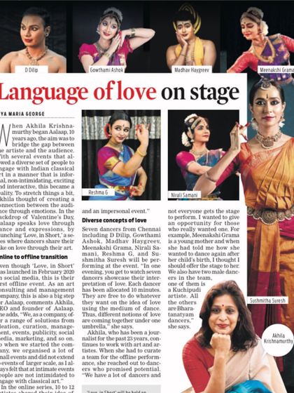 A newspaper feature in the 'Language of love on stage' article, covering the 'Love, in Short' showcase curated by Aalaap.