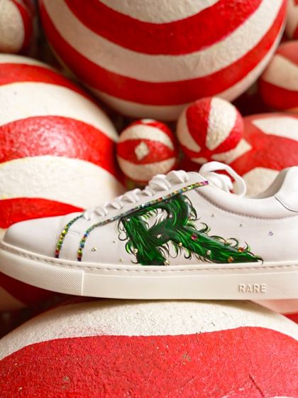 These Rare Rabbit sneakers were the perfect canvas for a Christmas-themed design. I painted a festive green initial "R" and added some colorful crystals to the side for a bit of holiday bling.