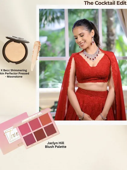 To get that perfect party glow, I used the Jaclyn Hill Blush Palette for a rosy flush and the Becca Shimmering Skin Perfector in Moonstone for a beautiful highlight.