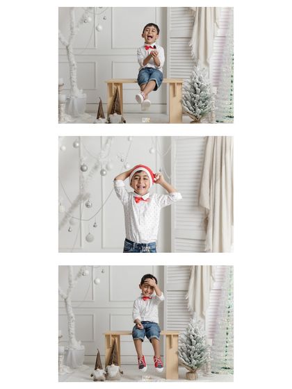 A collage of a boy's playful and expressive solo portraits from the Christmas session.