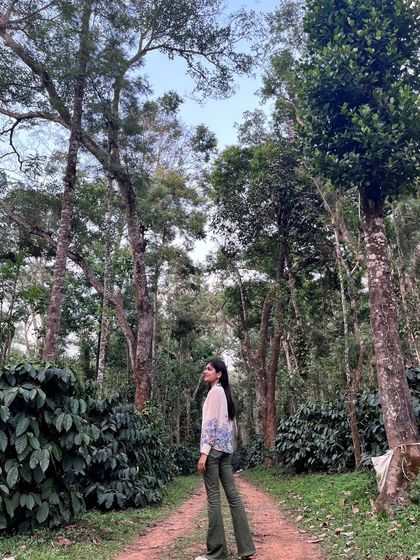 Walking down a quiet path surrounded by tall trees and lush greenery. This is where I feel most at peace and creatively charged.