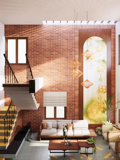 A 3D render of an Indian Modern interior for a Banashankari residence. This concept shows how I weave together a client's preferred materials like exposed brick, Kota flooring with Jaisalmer inlays, and custom murals to create a space that is both personal and architecturally distinct.