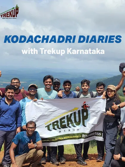 Kodachadri diaries. A proud group photo with the Trekup banner after a successful trek to the summit.