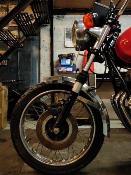 A front-quarter view of the classic Moto Guzzi 350 GTS in our workshop.