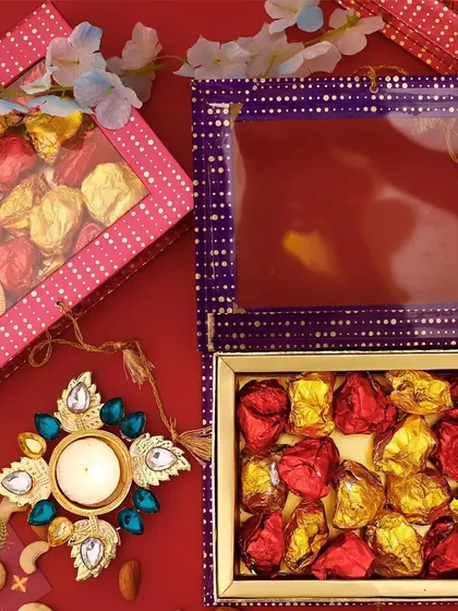 Our Assorted Chocolate Rocks, presented in festive Diwali boxes with a traditional diya, make for a perfect, crunchy, and chocolatey gift.