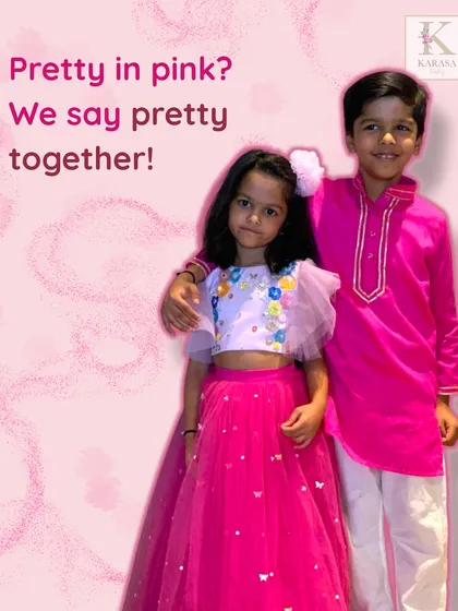 Pretty in pink, and even prettier together. I designed this vibrant pink kurta for him and a floral lehenga for her, showing how you can coordinate colors across different styles for a picture-perfect look.