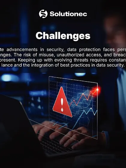 This graphic illustrates the persistent challenges in data protection. The warning icon over a data chart represents the ever-present risks of misuse and unauthorized access, underscoring the need for constant vigilance and best practices in data security.