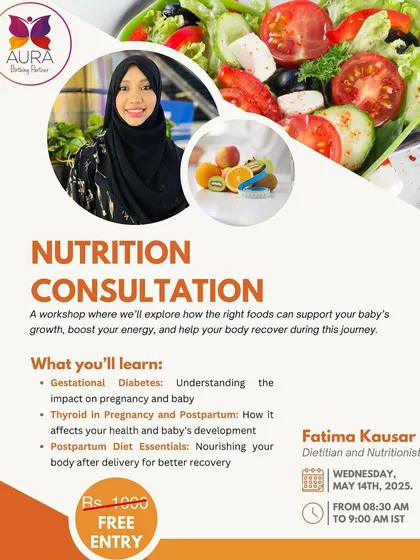 I am thrilled to launch our Nutrition Consultation service. This flyer details our workshop where we cover topics like gestational diabetes, thyroid issues, and postpartum diet essentials for a healthy journey.