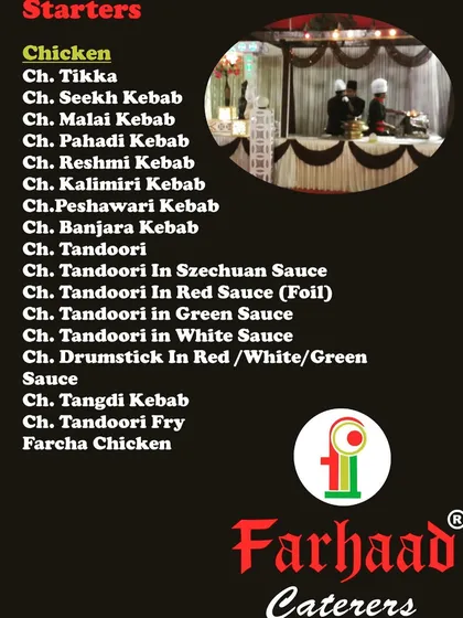 This section of our wedding catering menu highlights our classic chicken kebab offerings. Choose from a variety of tandoori preparations like Chicken Tikka, Malai Kebab, and Peshawari Kebab for your event.