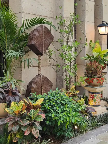 A close-up of the layered planting at a home's entrance. We combined crotons for color, palms for height, and other foliage in decorative pots to create a vibrant, textured, and evergreen display.