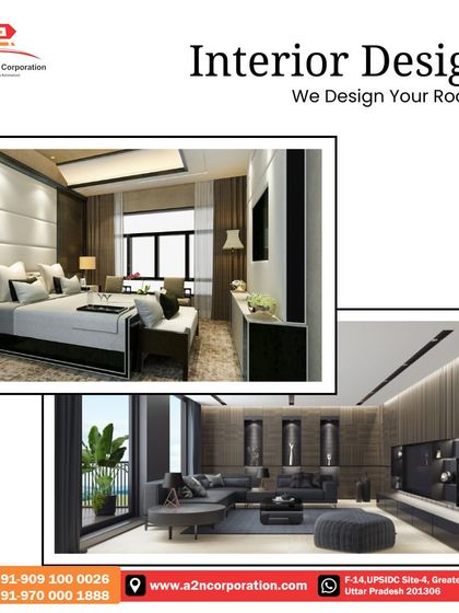 This collage displays our interior design capabilities for different rooms. It shows a luxurious bedroom with padded wall panels and a modern living room with a custom media wall and sophisticated dark tones.