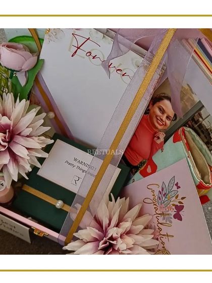 Another view of the pink trunk hamper, filled with goodies to pamper the bride before her big day.