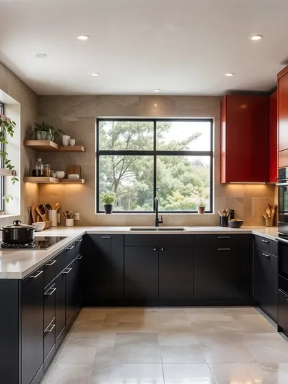 This render explores a similar palette of black and red, but with a different configuration. The red is used on the upper cabinets, drawing the eye upward, while floating wood shelves add a touch of natural warmth.