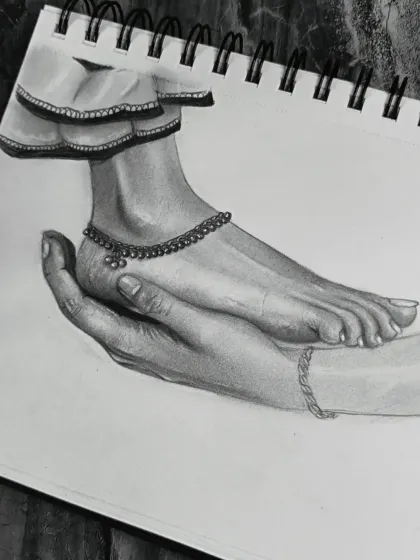 A work-in-progress sketch focusing on hands and feet, adorned with traditional Indian jewelry. These details are just as important as the face.