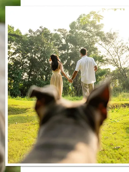 A walk towards a new beginning, as seen by the most important family member. This unique perspective from an engagement shoot in Alibaug puts your pet right at the center of your love story, just where they belong.