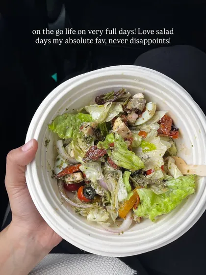 A healthy salad for a busy day on the go. Making mindful food choices is possible even with a full schedule.