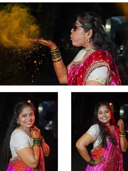 A fun collage from the Haldi ceremony, showing the bride's playful side. From posing with sunglasses to blowing turmeric powder like confetti, these shots capture the fun and festive spirit of the event.