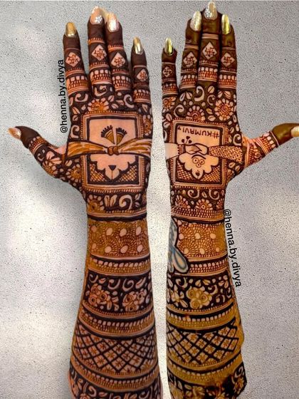 A full view of the Kumaoni-themed bridal mehendi, showing the doli and pichora motifs on both the front and back of the hands.