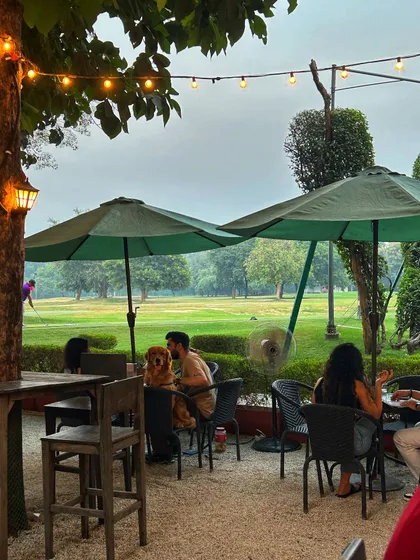 A furry friend enjoys the patio at our cafe, proving we're a destination for the whole family.