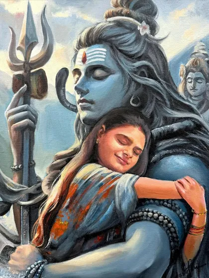 A truly special commission for a devotee. This custom oil portrait was created to depict a client's sister in the serene embrace of Lord Shiva. I focused on conveying a sense of peace and divine connection, making it a deeply personal and spiritual piece of art.
