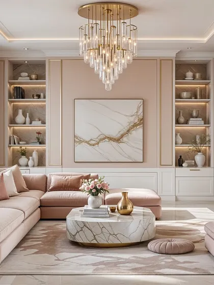 A luxurious living room where a pink sectional sofa is paired with a marble feature wall and a grand crystal chandelier.