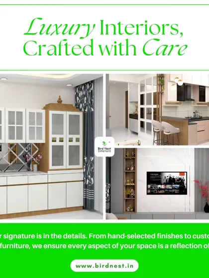 We craft luxury interiors with care, paying attention to every detail from hand-selected finishes to custom-built furniture. This collage shows a crockery unit, kitchen, and TV area.