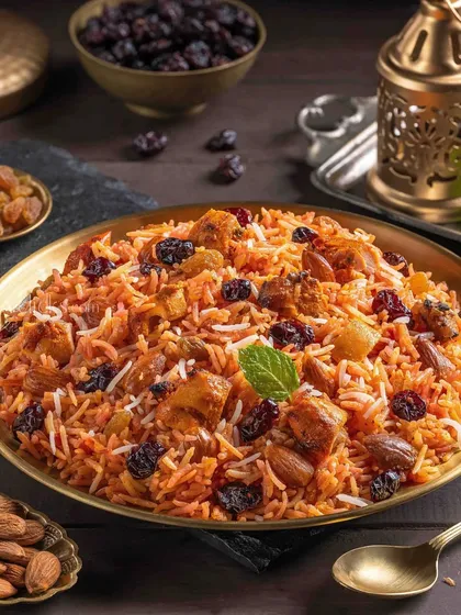 A unique Kabuli Pulao, rich with nuts and raisins. The styling for The Mughal House aimed to showcase the sweet and savory elements of this classic dish.