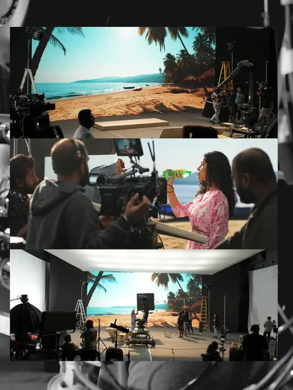 A closer look at the virtual beach scene created for the Campa ad. The top and bottom frames show how the physical set elements blend seamlessly with the sunny beach backdrop on the LED wall.