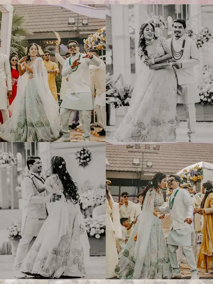 A collage of candid dance moments from Rahul and Riya's Haldi. It showcases the fun, playful interactions between the couple as they celebrate with their loved ones on the dance floor.