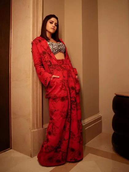 Here's a bold, printed red co-ord set I styled for Nushrratt Bharuccha. The embellished shoulder detail adds a touch of glam, making this a standout look for an evening event.