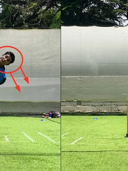 Here we corrected a right arm leg spinner's collapsed body and weak release point. Notice the transformation from a lateral head fall and lower body collapse to an upright, strong position with proper side-on alignment.