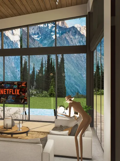 The main feature of the living room is the floor-to-ceiling windows that offer breathtaking, uninterrupted views of the Kangra Valley. The interior design is kept minimal to ensure nature remains the hero.