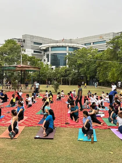A large group session celebrating International Yoga Day in a lush green park. Yoga is for everyone, and we love bringing the community together for mass practices.